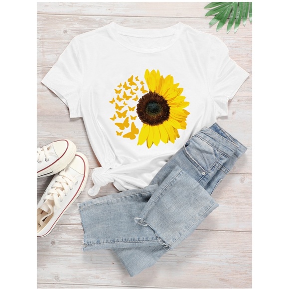 Rouge! Tops - Sunflower Print White Tee Shirt